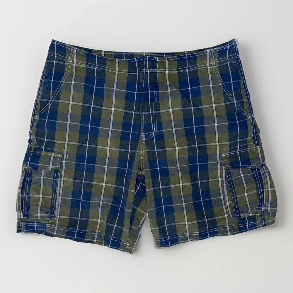 L.L.Bean Mens Plaid Cargo Swim Trunks Blue Green Size 38 Lined 9